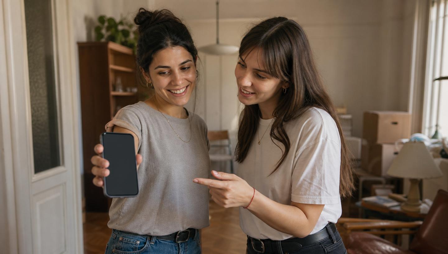 Amigas mirando una publicación compartida en el celular